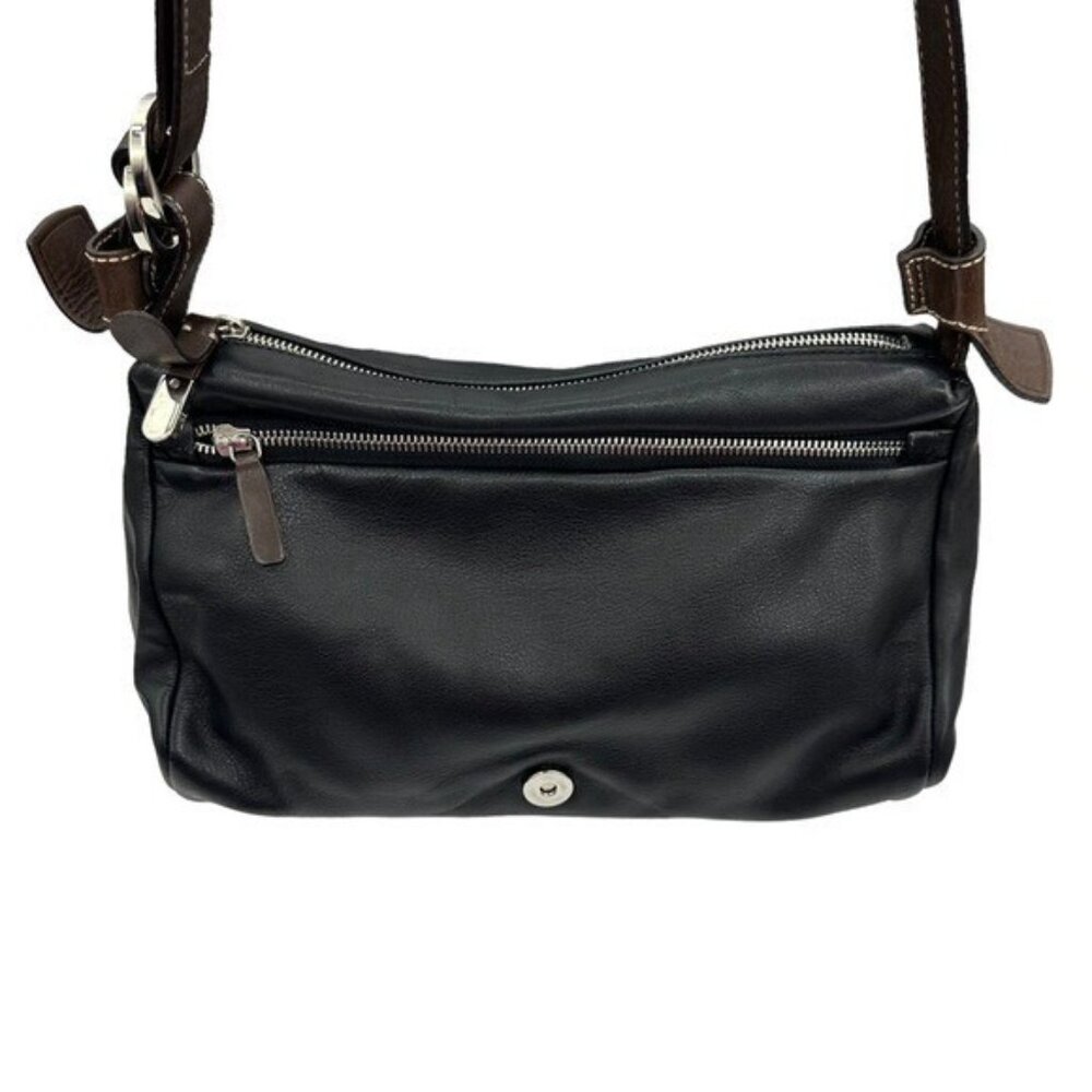 Francesco Biasia Black Leather Shoulder Bag with Brown Strap - Picture 9 of 16